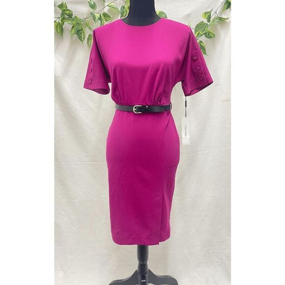 Calvin Klein Women's Petite Belted Button-Sleeve Sheath Dress - Pink 6P - Picture 2 of 8